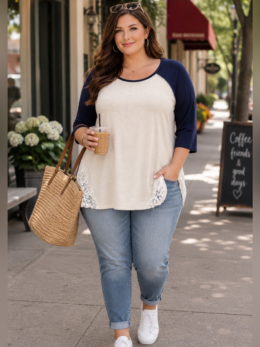 Plus Size 3X Cream Navy Lace Hem Baseball Tee Boho Casual Top